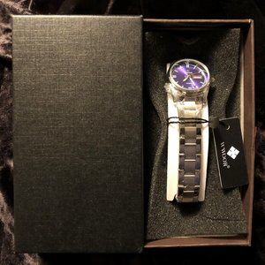 NIB! WWOOR Women's Silver Wrist Watch, Blue-ish/Purple Face, with Month/Date